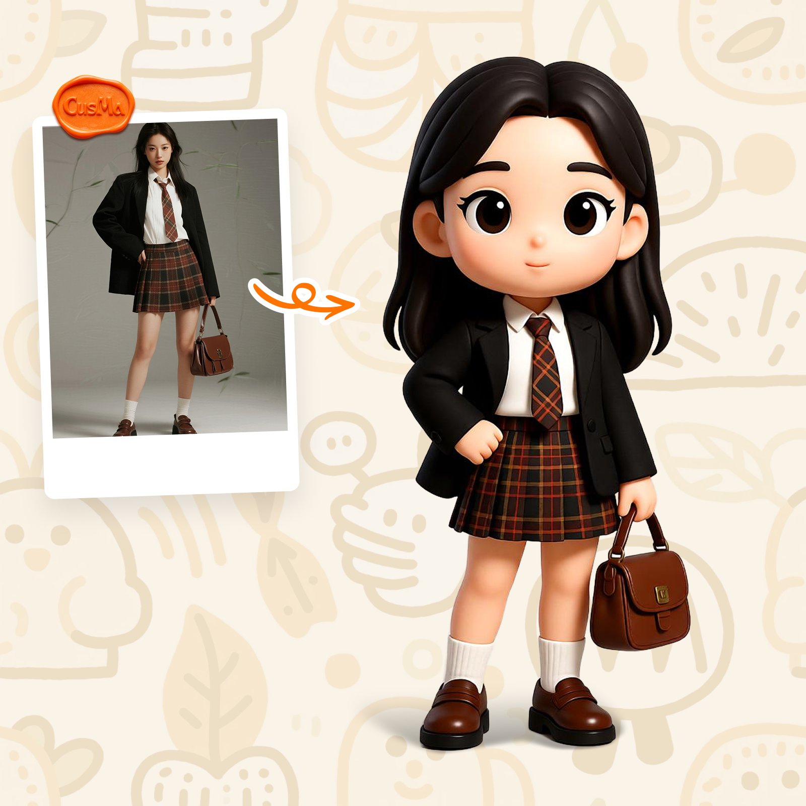 Custom 3D Figure Academy Style Chibi Girl Figure, Plaid Skirt Briefcase, Student Collection Gift