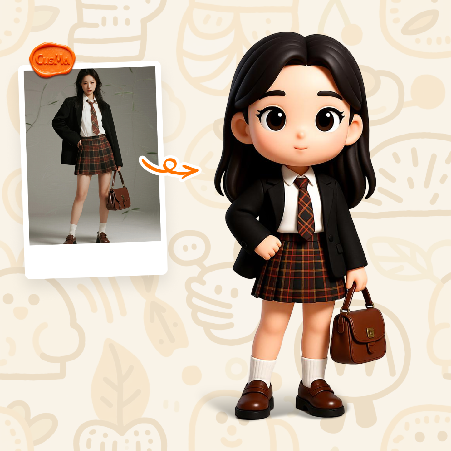 Custom 3D Figure Academy Style Chibi Girl Figure, Plaid Skirt Briefcase, Student Collection Gift