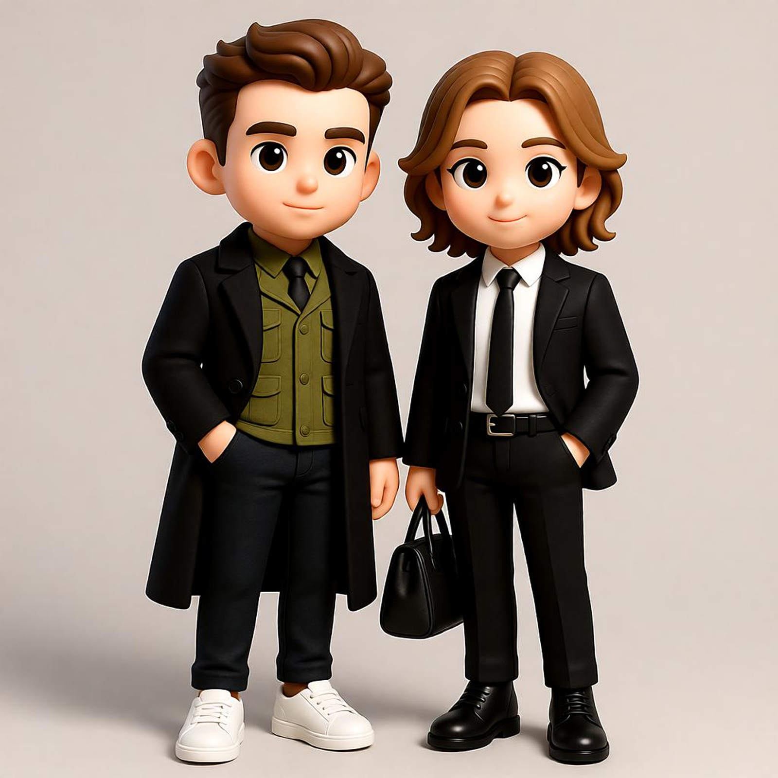 Custom 3D Figure Modern Business Chibi Brothers Figure Set, Black Long Coat / Black Suit, Trendy Collection Gift