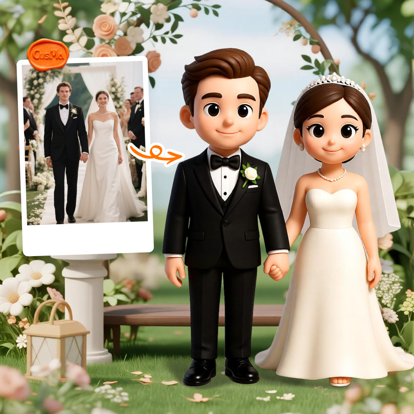 Custom 3D Figure Wedding Commemorative Chibi Couple Figure, Strapless Wedding Dress, Wedding Collection Gift