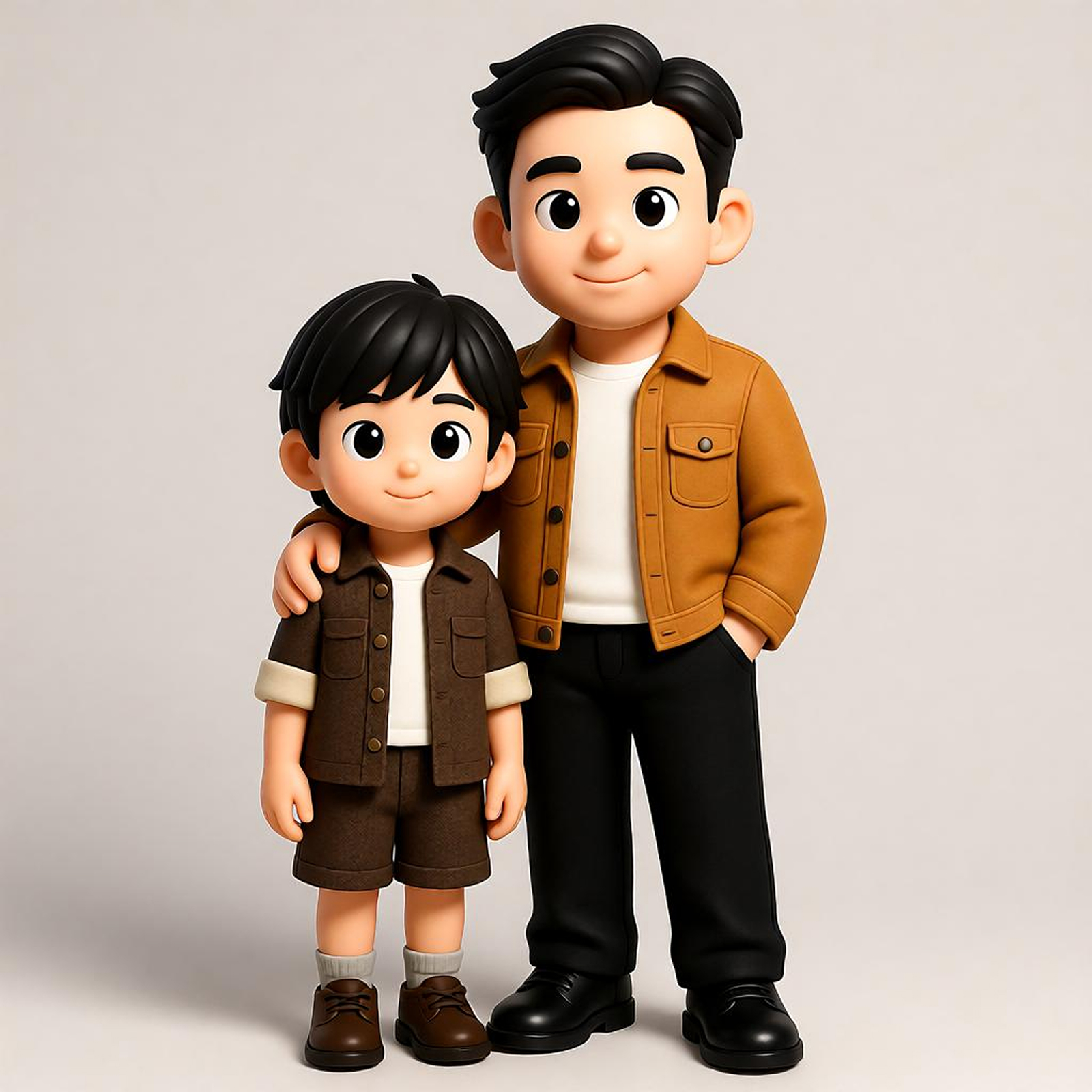 Modern Casual Parent-Child Chibi Figure Set, Brown Jacket / Brown Shirt, Warm Collection Gift
