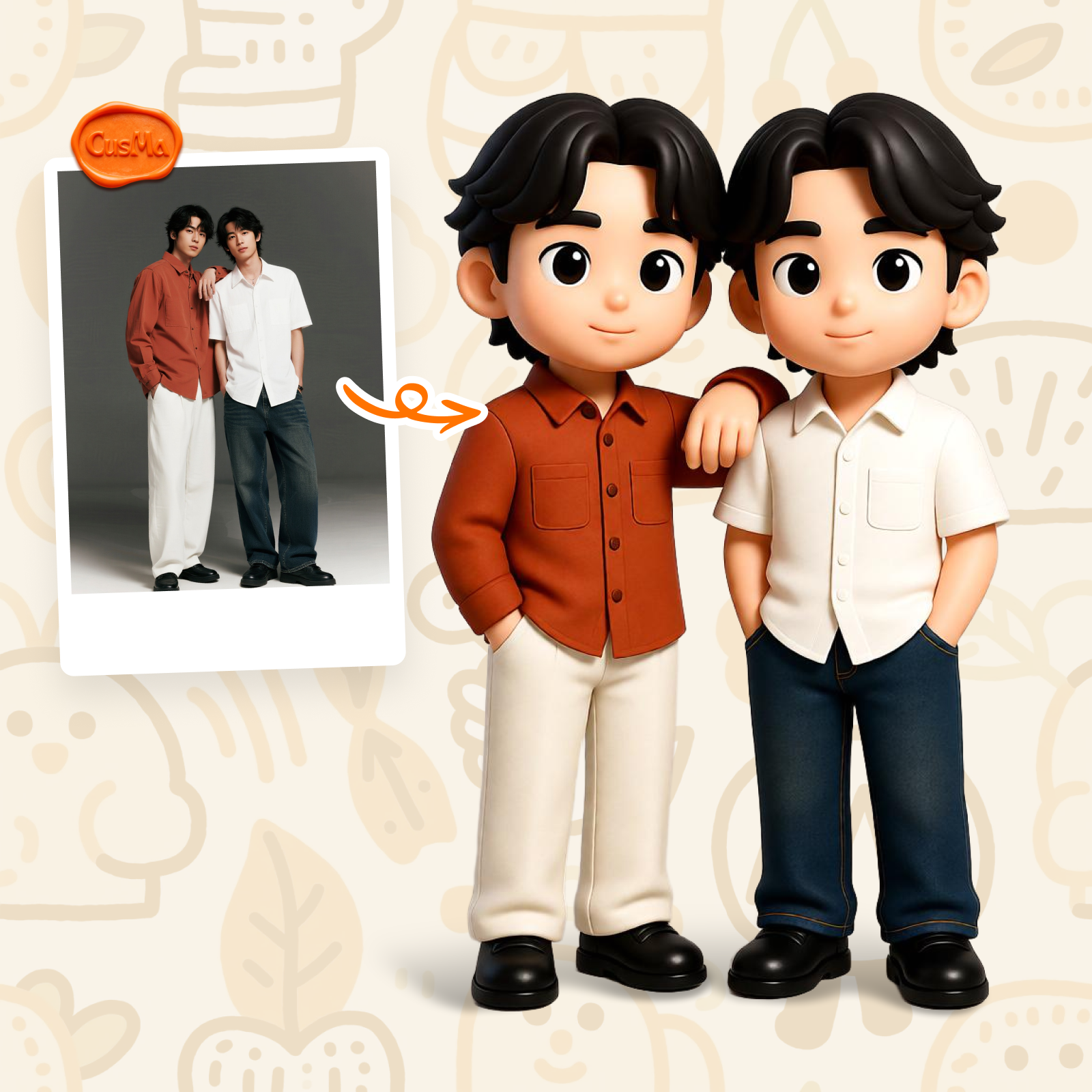 Custom 3D Figure Modern Casual Chibi Brothers Figure Set, Red Shirt / White Shirt, Trendy Collection Gift