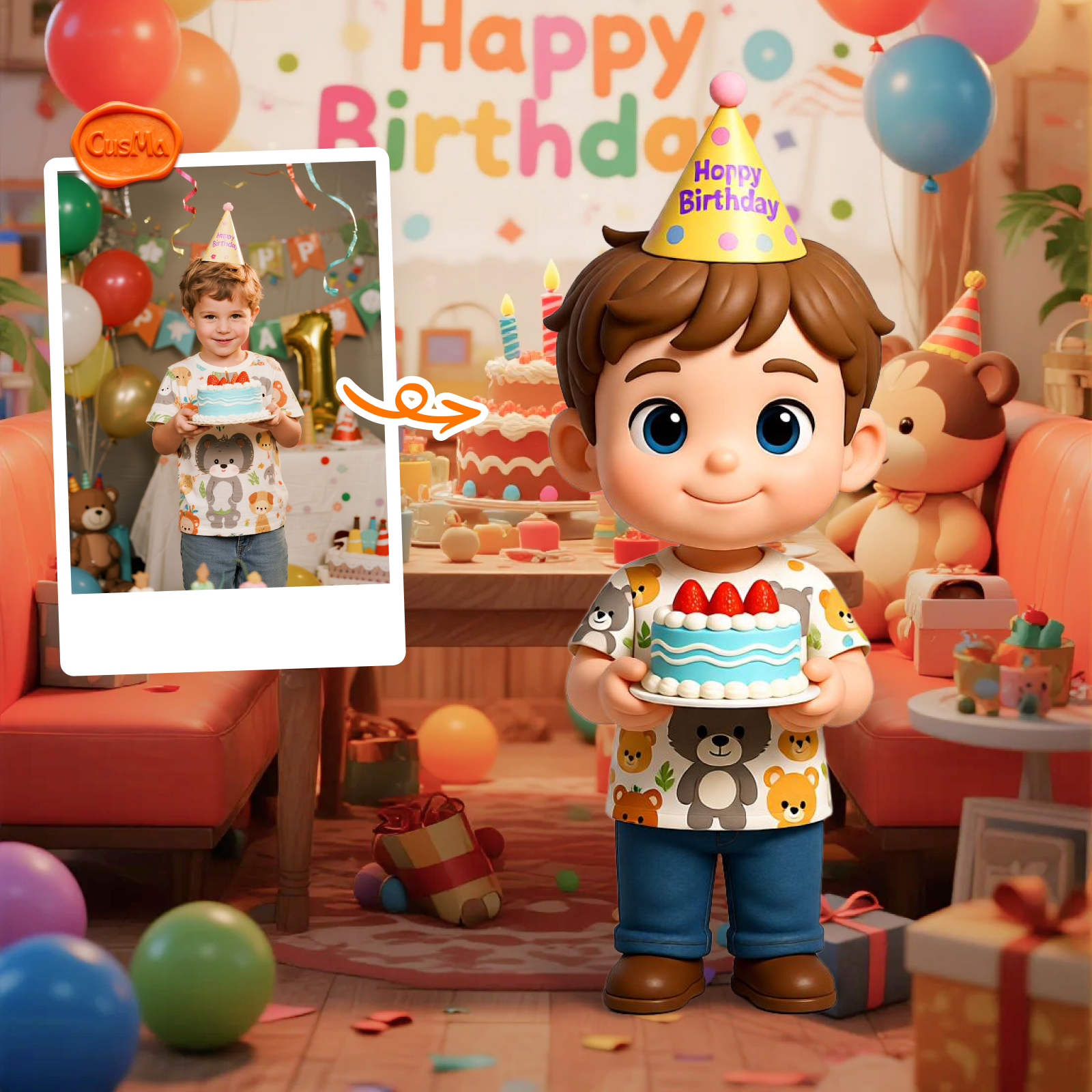 Custom 3D Figure Birthday Commemorative Chibi Boy Figure, Birthday Hat Cake, Kids Gift Toy