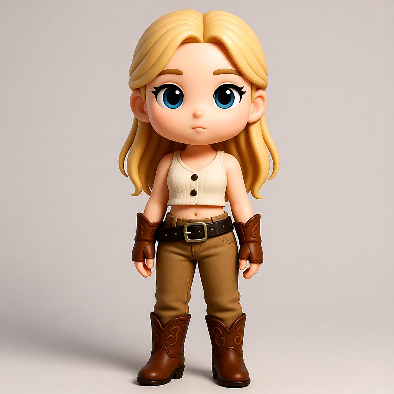 Western Cowboy Style Chibi Figure, White Vest Brown Boots, Trendy Collection Gift