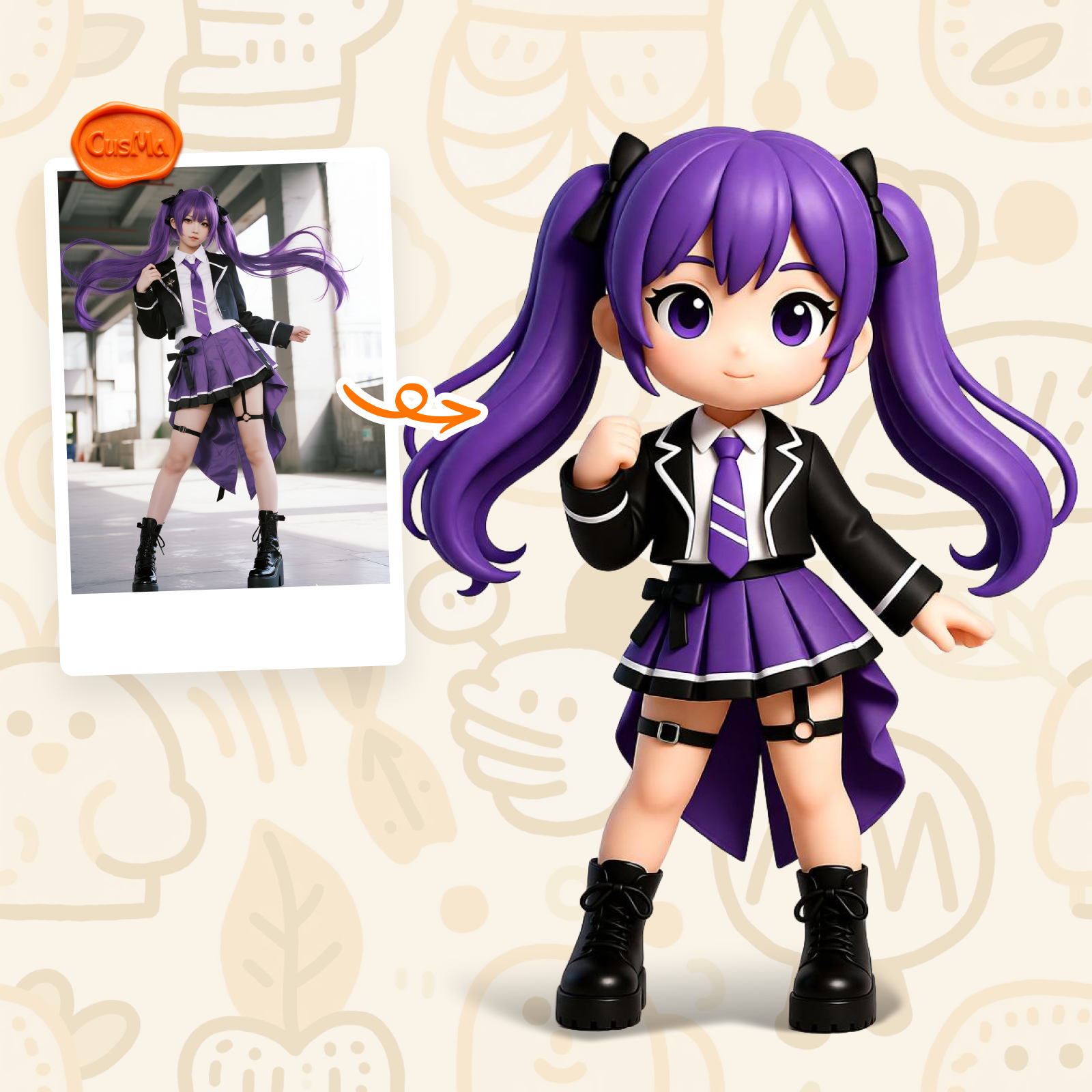 Custom 3D Figure Academy Style Chibi Girl Figure, Purple Hair Academy Skirt, Student Collection Gift