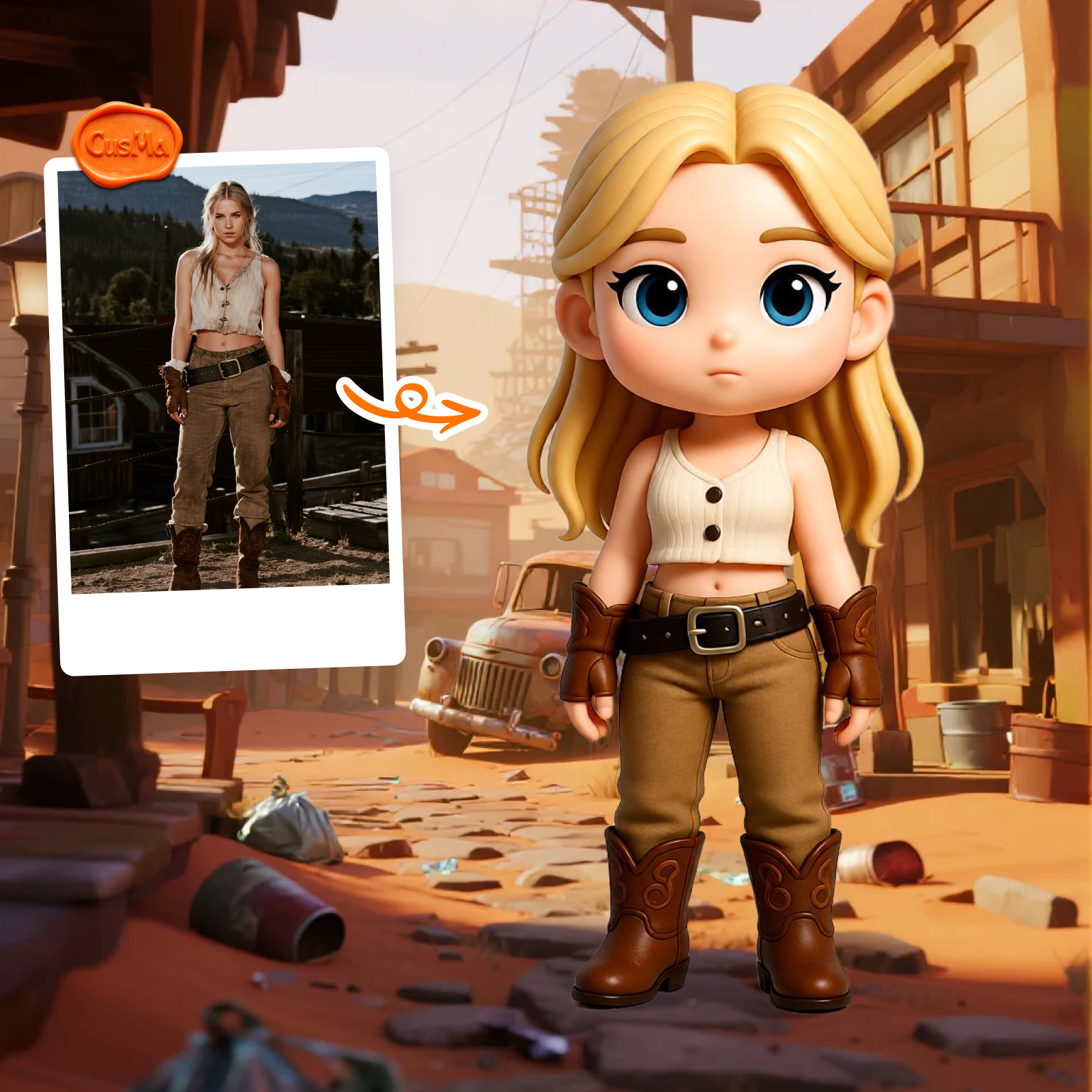 Western Cowboy Style Chibi Figure, White Vest Brown Boots, Trendy Collection Gift