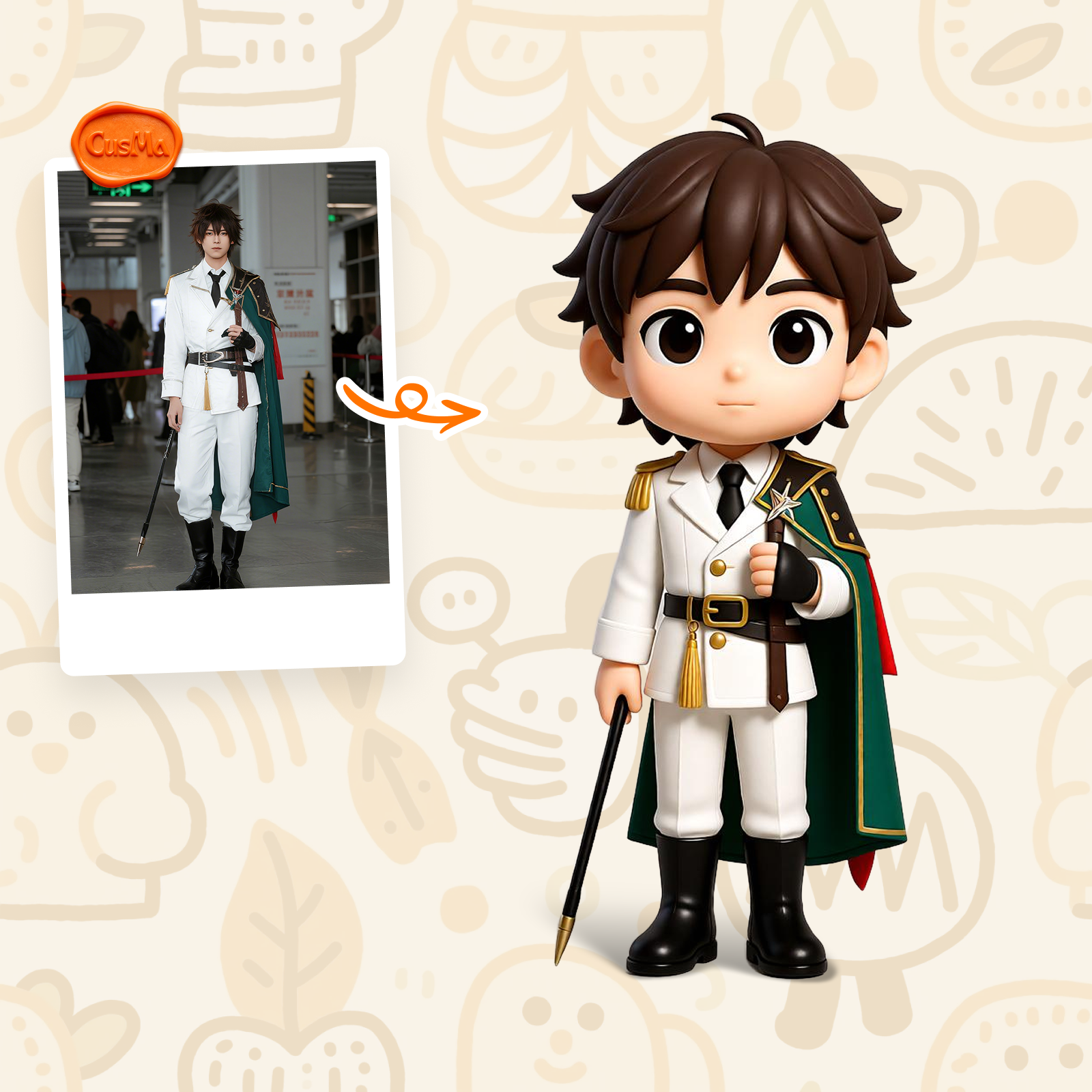 Chibi Noble Officer 3D Figure, White Uniform Green Cape Command Stick, Collection & Gift Toy