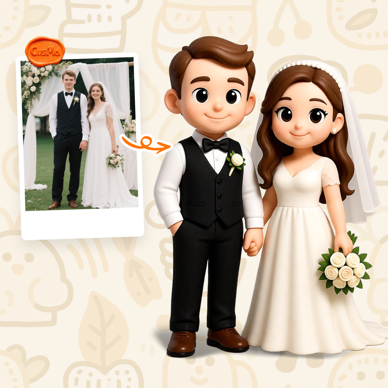 Custom 3D Figure Wedding Commemorative Chibi Couple Figure, Wedding Dress, Wedding Collection Gift