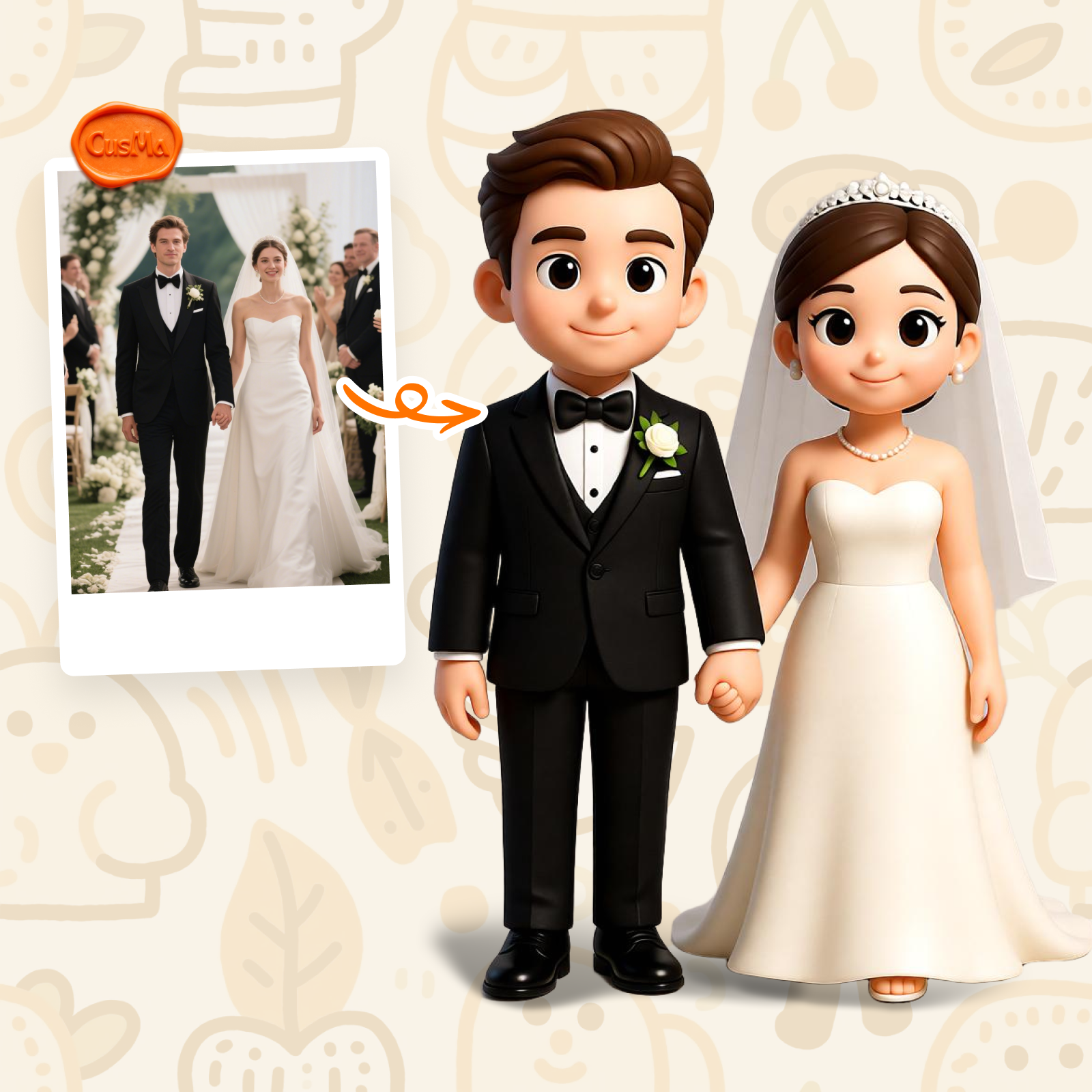 Custom 3D Figure Wedding Commemorative Chibi Couple Figure, Strapless Wedding Dress, Wedding Collection Gift