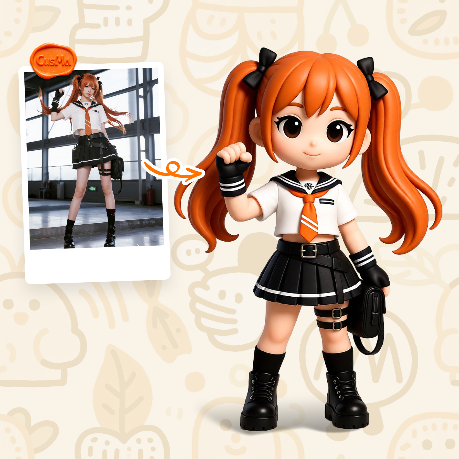 Custom 3D Figure Campus Sailor Style Chibi Girl Figure, Orange Hair Sailor Skirt, Student Collection Gift