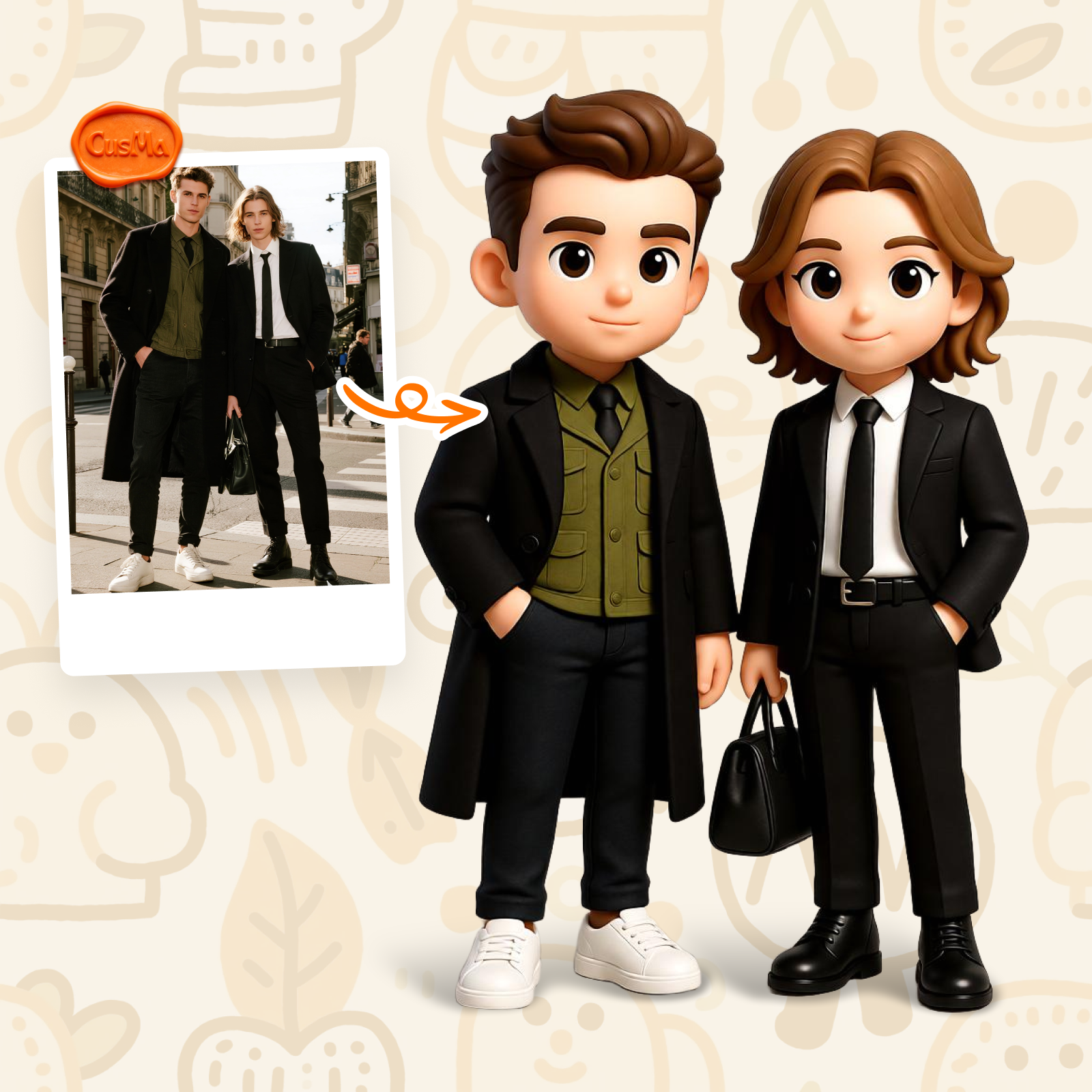 Custom 3D Figure Modern Business Chibi Brothers Figure Set, Black Long Coat / Black Suit, Trendy Collection Gift