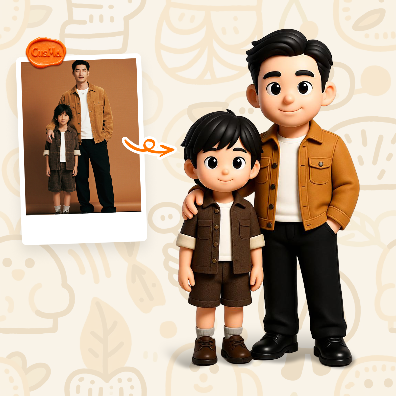 Modern Casual Parent-Child Chibi Figure Set, Brown Jacket / Brown Shirt, Warm Collection Gift