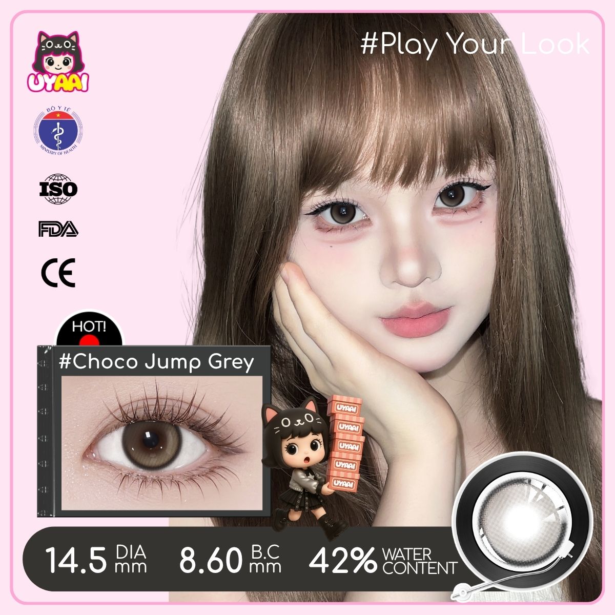 【MỚI】Kính áp tròng màu UYAAI Choco Jump Grey 6 tháng