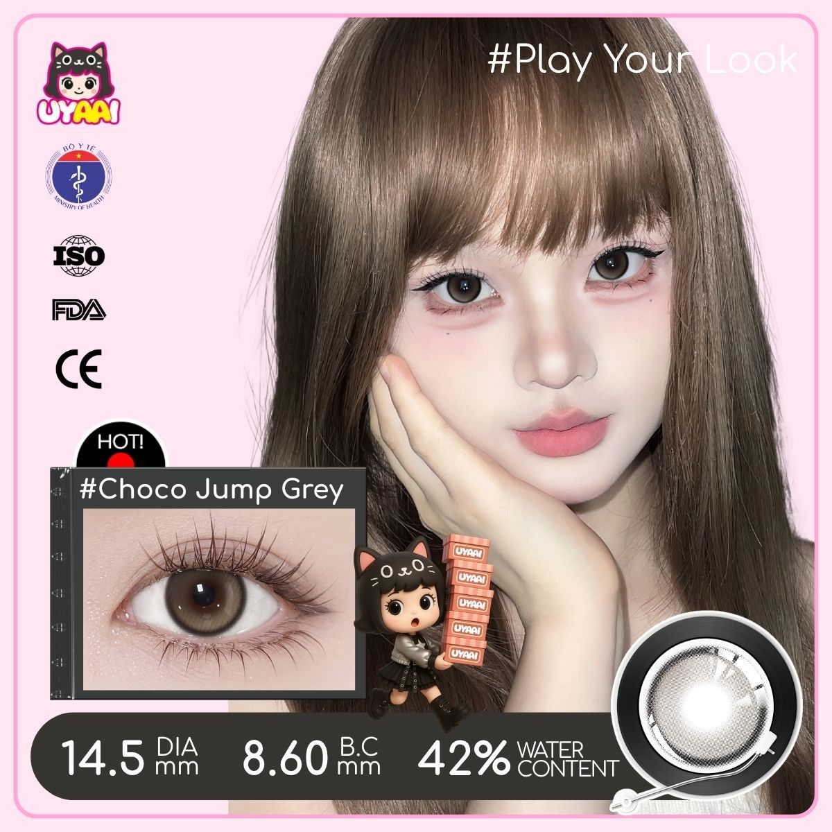 【MỚI】Kính áp tròng màu UYAAI Choco Jump Grey 6 tháng