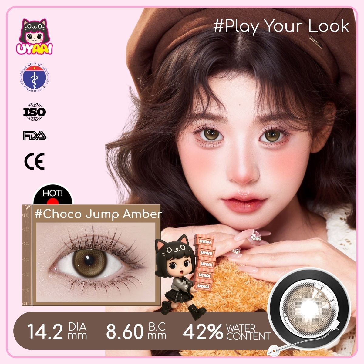 【MỚI】Kính áp tròng màu UYAAI Choco Jump Amber 6 tháng