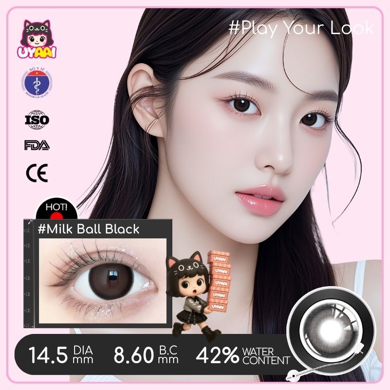 【Số đo 0-4】Kính áp tròng màu UYAAI Milk Ball Black 6 tháng