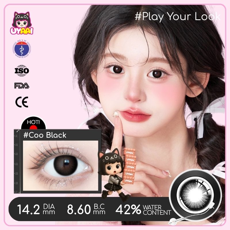 【Số đo 0-4】Kính áp tròng màu UYAAI Coo Black 6 tháng