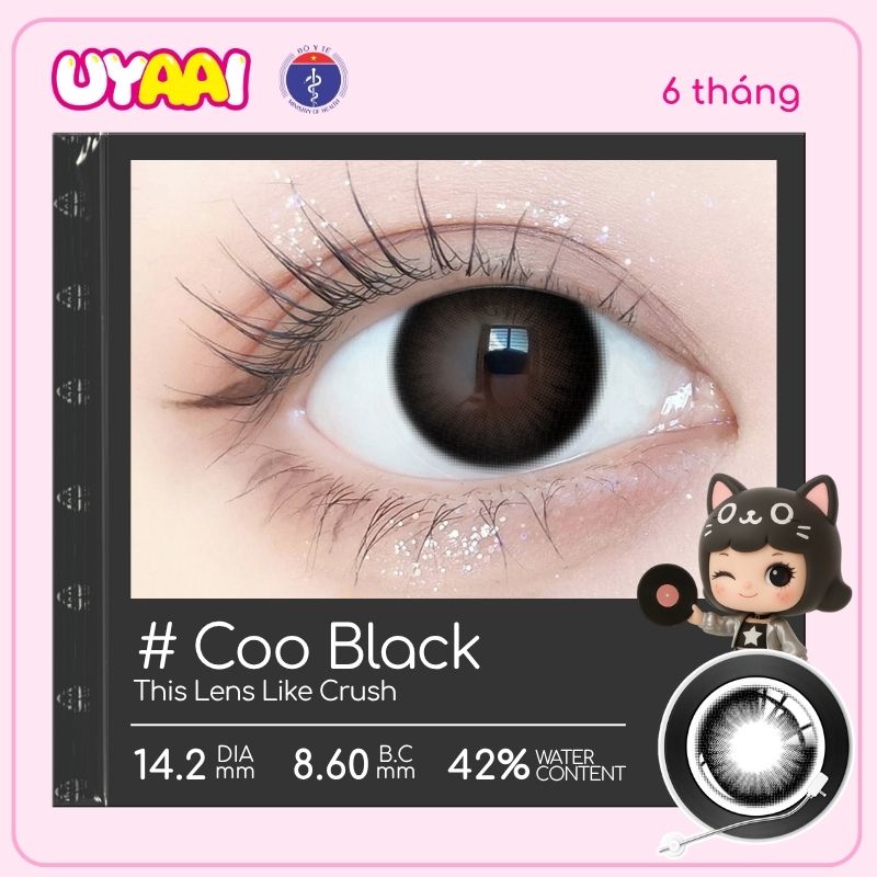 【Số đo 0-4】Kính áp tròng màu UYAAI Coo Black 6 tháng
