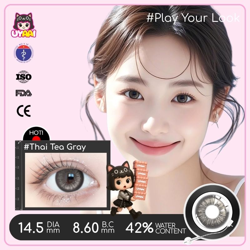 【Số đo 0-6】Kính áp tròng màu UYAAI Thai Tea Grey 6 tháng