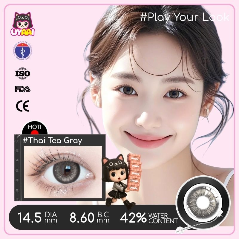 【Số đo 0-6】Kính áp tròng màu UYAAI Thai Tea Grey 6 tháng