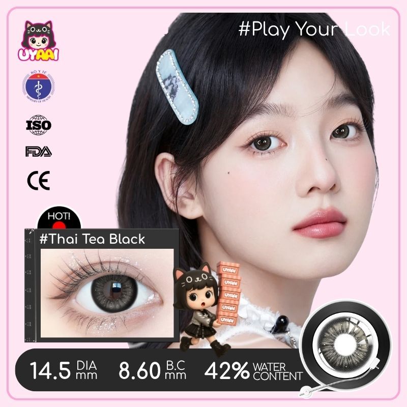 【Số đo 0-6】Kính áp tròng màu UYAAI Thai Tea Black 6 tháng