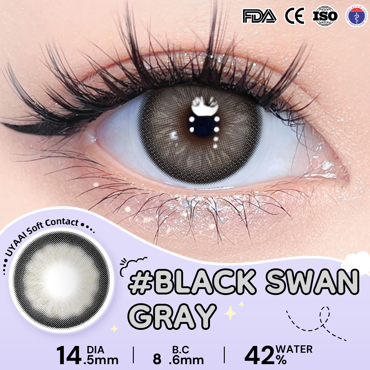 【Số đo 0-6】Kính áp tròng màu UYAAI Black Swan Gray 6 tháng