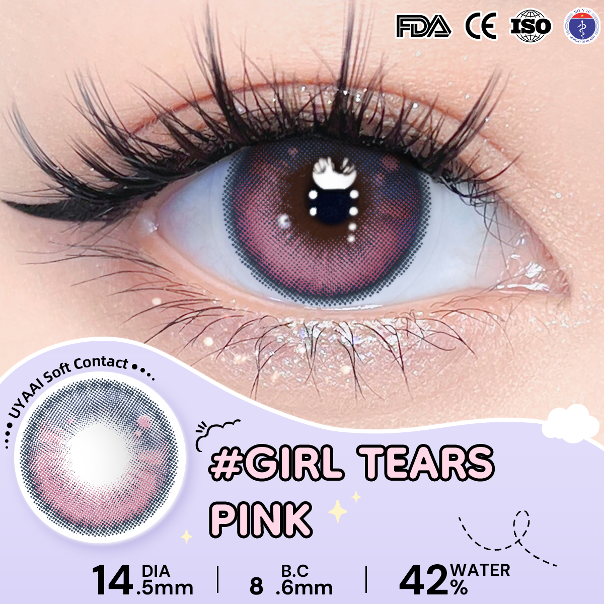 Kính áp tròng màu UYAAI Girl Tears Pink 6 tháng