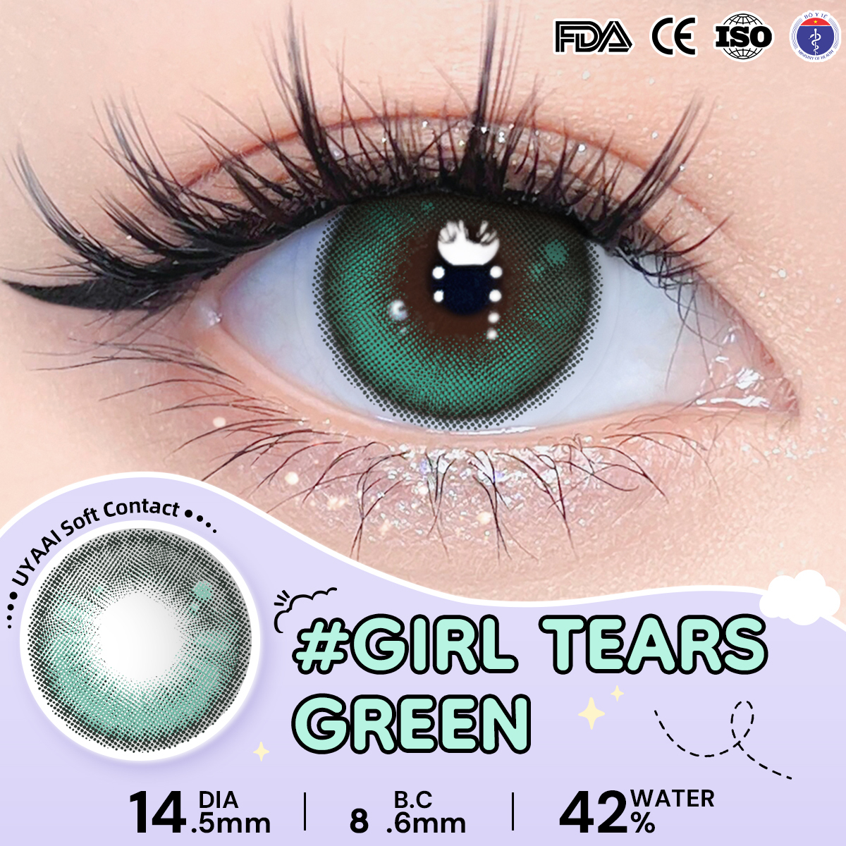 Kính áp tròng màu UYAAI Girl Tears Green 6 tháng