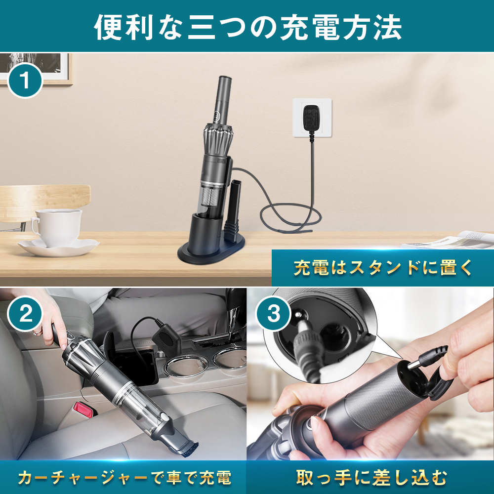 ハンディクリーナー 15Kpa ブラシレスモーター コードレス 30分間連続稼働 充電式 サイクロン 収納充電2in1 超強吸引力 車内 紙パック不要 車 掃除機 コードレス ハンディ そうじき K12