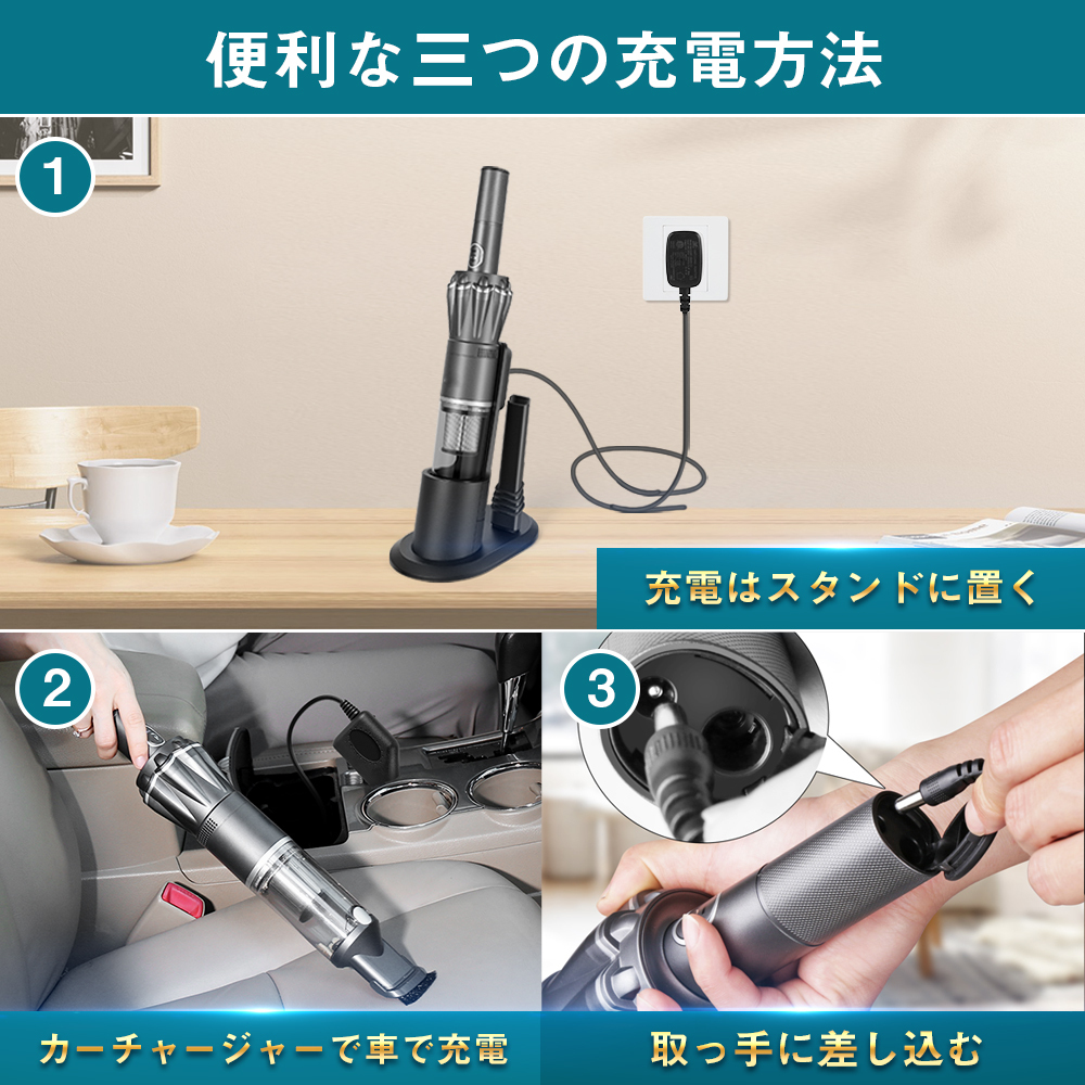 ハンディクリーナー 15Kpa ブラシレスモーター コードレス 30分間連続稼働 充電式 サイクロン 収納充電2in1 超強吸引力 車内 紙パック不要 車 掃除機 コードレス ハンディ そうじき K12
