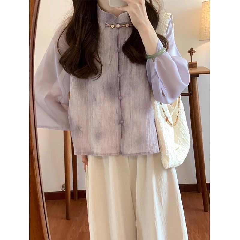 新中式雪紡禅意套裝女2025新款洋氣國風盤扣複古改良暈染襯衫