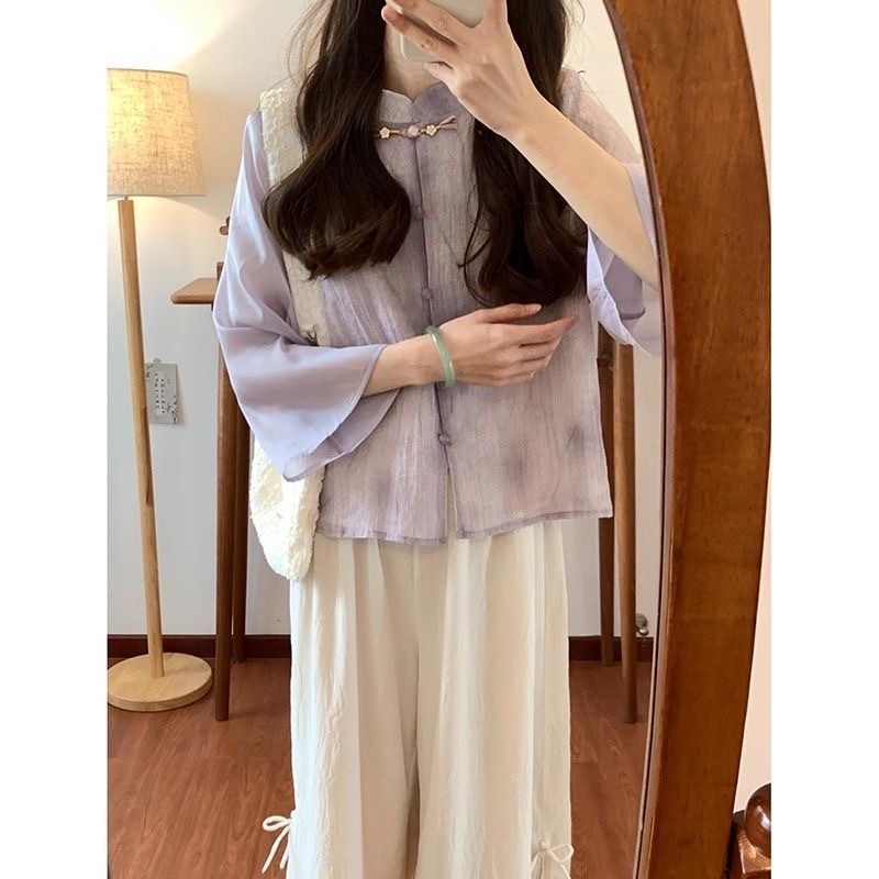 新中式雪紡禅意套裝女2025新款洋氣國風盤扣複古改良暈染襯衫