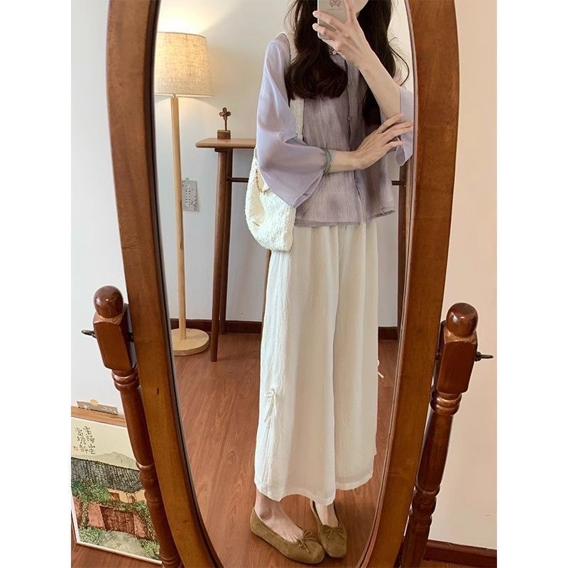 新中式雪紡禅意套裝女2025新款洋氣國風盤扣複古改良暈染襯衫