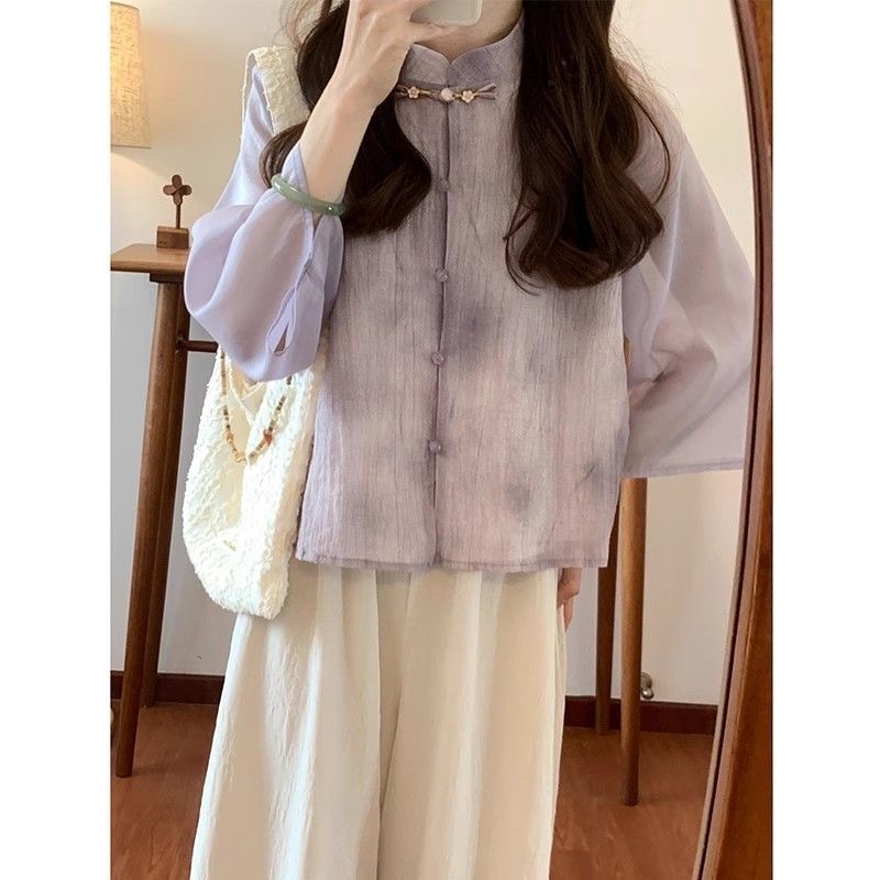 新中式雪紡禅意套裝女2025新款洋氣國風盤扣複古改良暈染襯衫