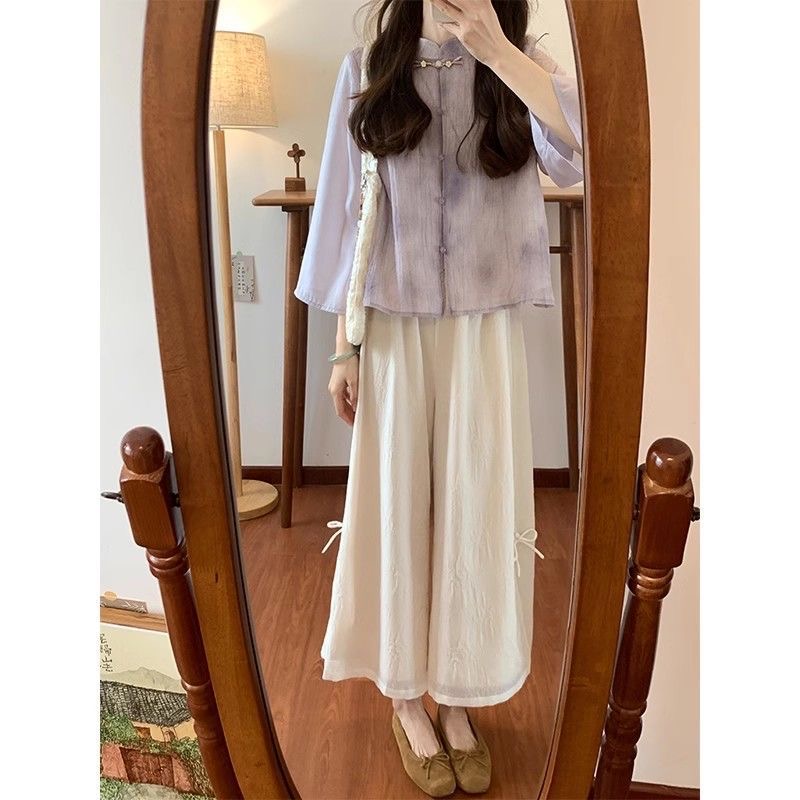 新中式雪紡禅意套裝女2025新款洋氣國風盤扣複古改良暈染襯衫