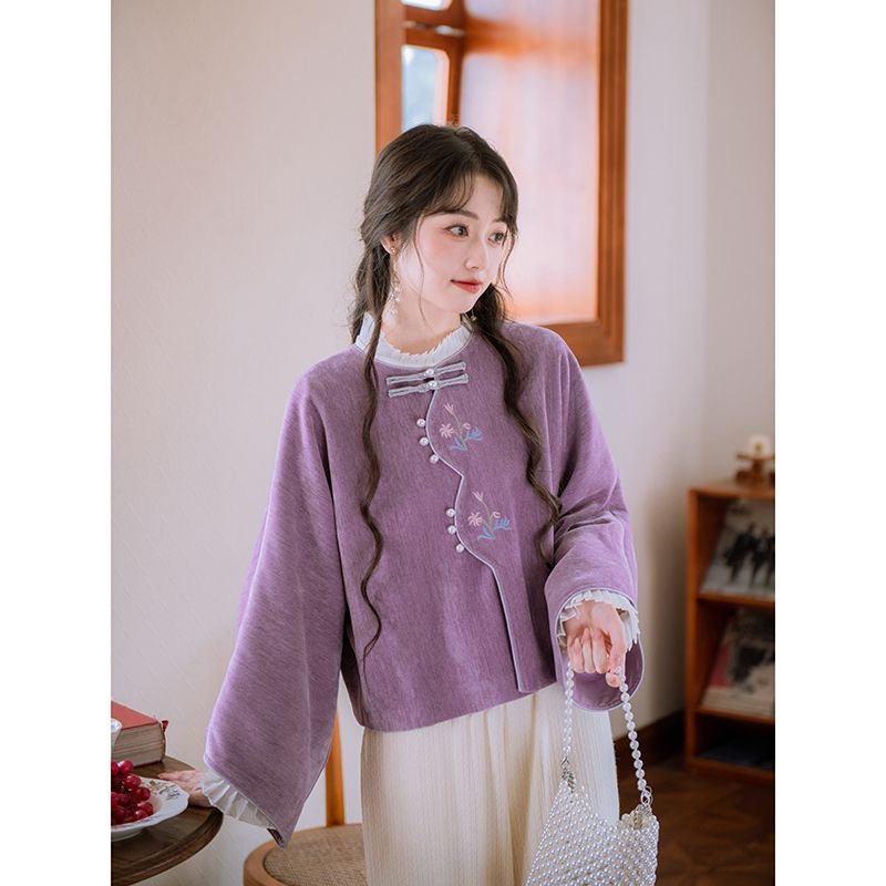 【霜花詞】溫柔紫色花卉刺繡新中式外套女|2025 新款秋冬上衣