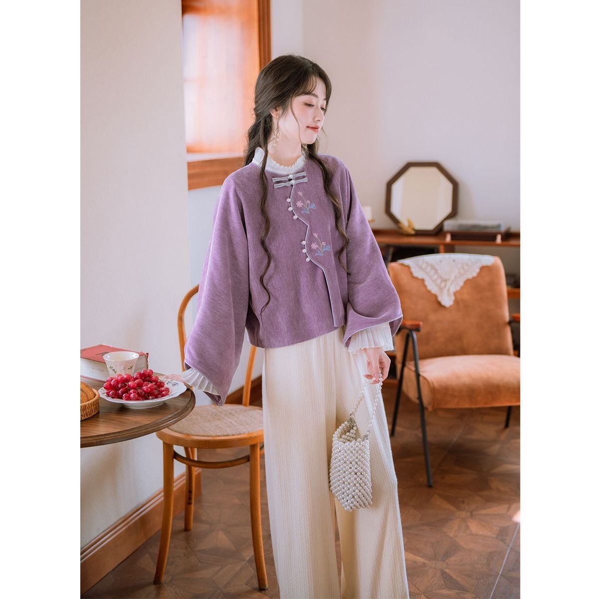 【霜花詞】溫柔紫色花卉刺繡新中式外套女|2025 新款秋冬上衣