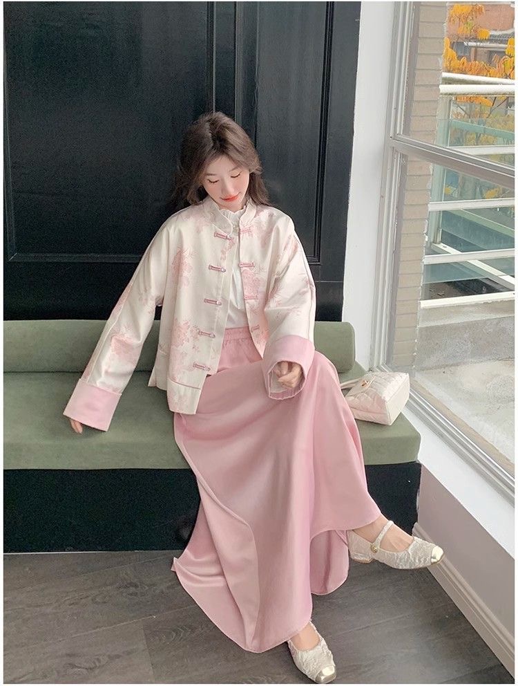 粉色新中式國風盤扣外套|半身裙套裝女|超好看氣質高級感流行