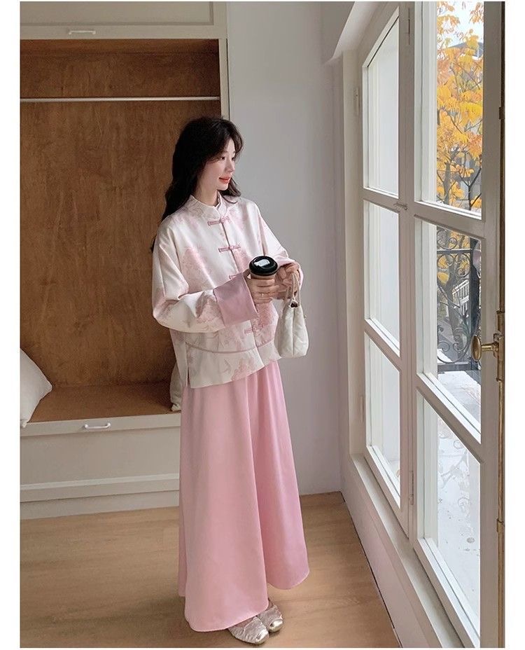 粉色新中式國風盤扣外套|半身裙套裝女|超好看氣質高級感流行