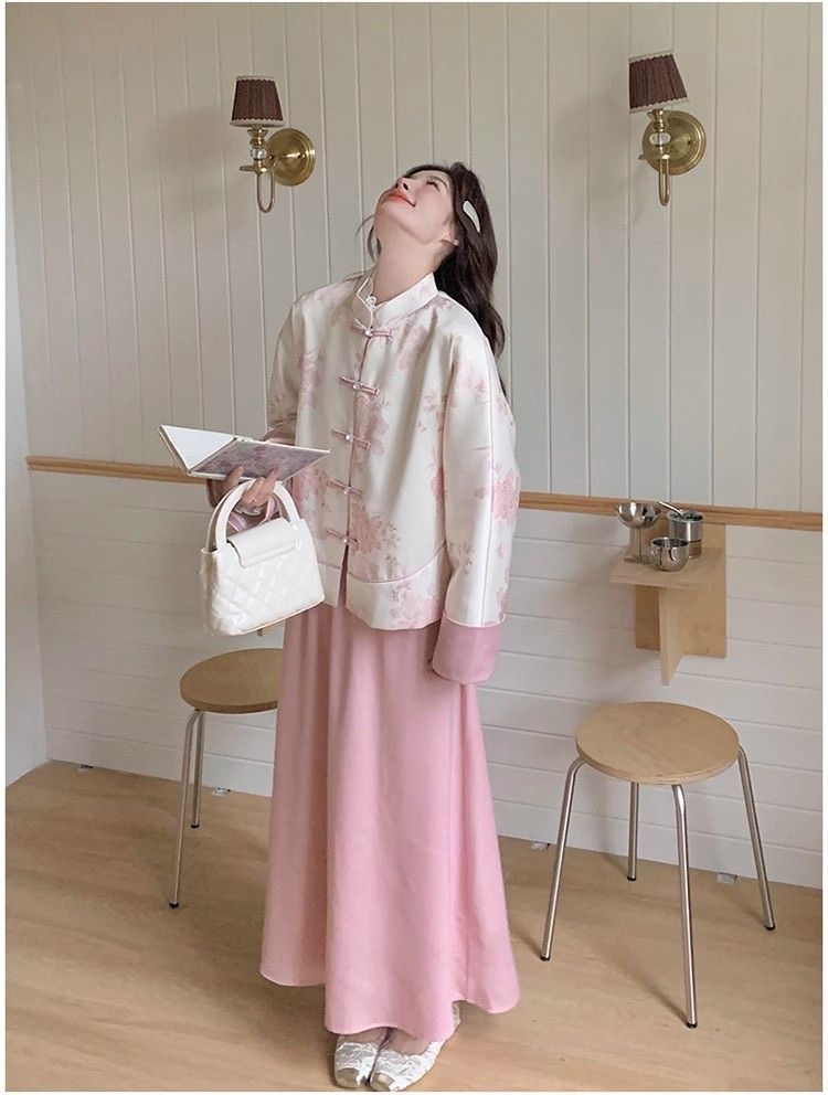 粉色新中式國風盤扣外套|半身裙套裝女|超好看氣質高級感流行