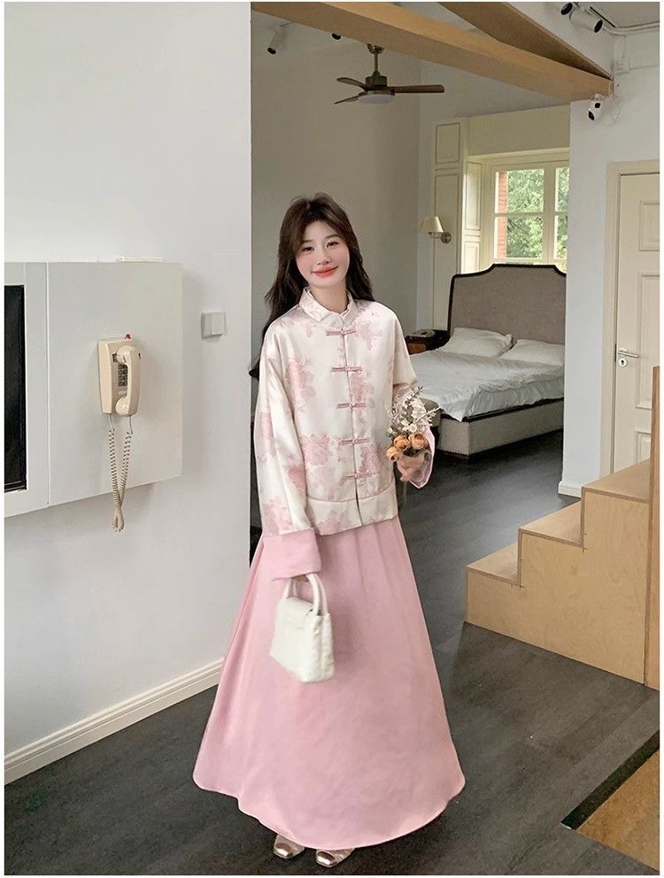 粉色新中式國風盤扣外套|半身裙套裝女|超好看氣質高級感流行