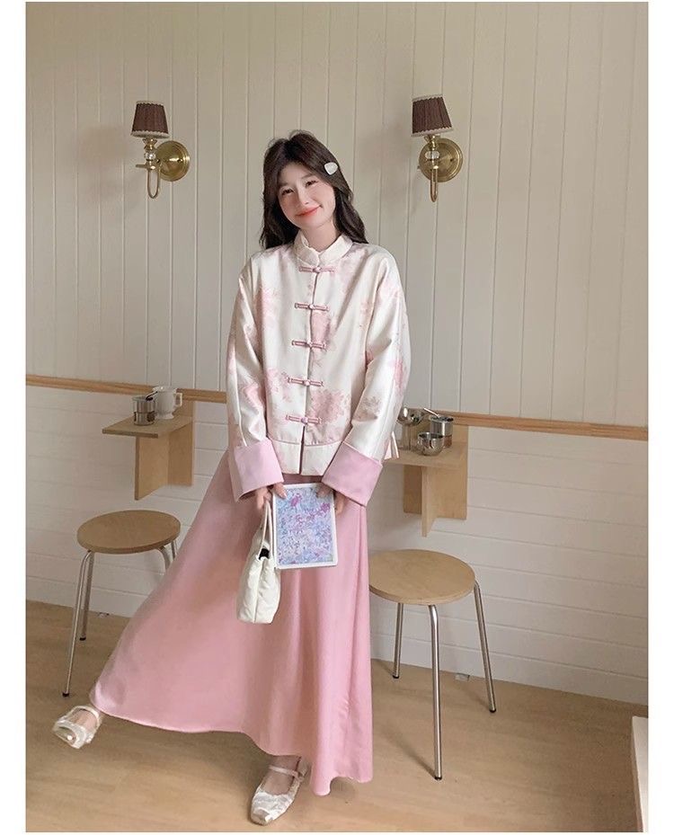 粉色新中式國風盤扣外套|半身裙套裝女|超好看氣質高級感流行