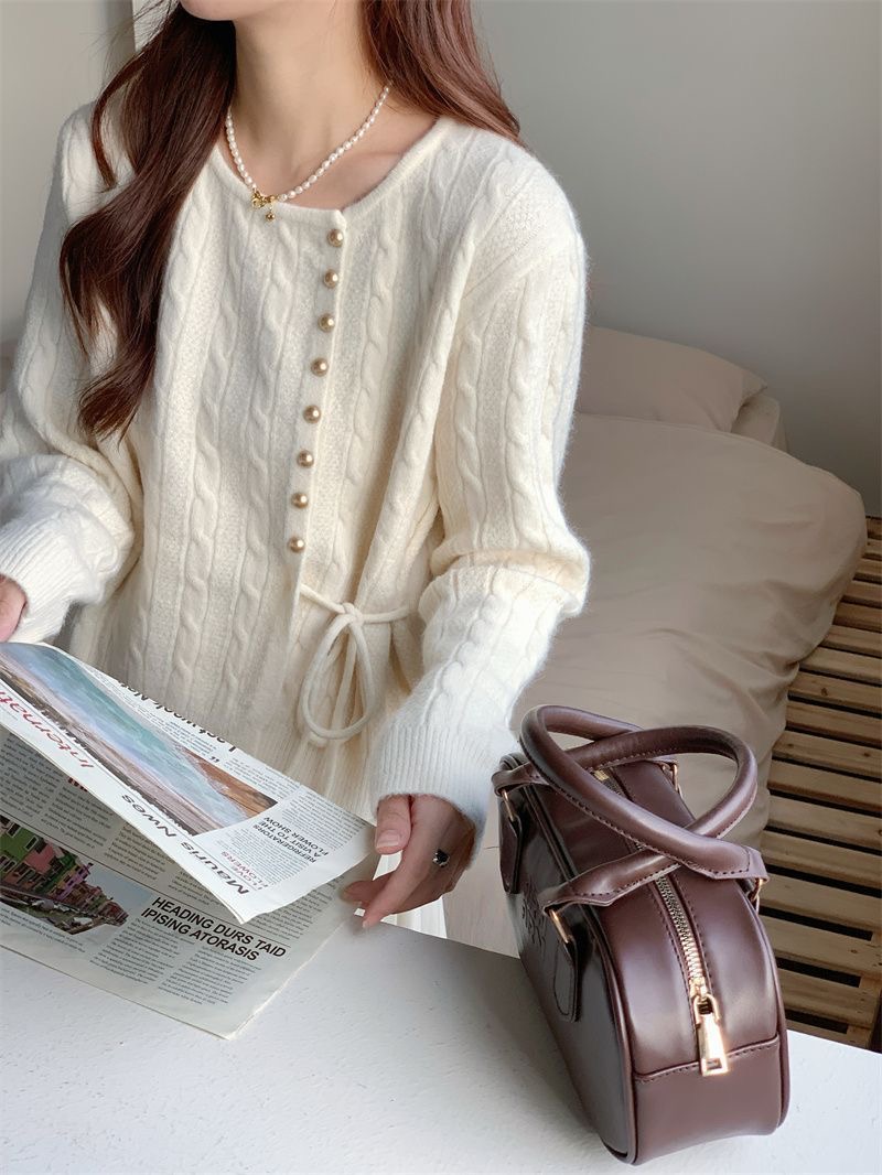 溫柔奶系藍色麻花|日系內搭針織上衣|開衫設計感|慵懶寬鬆毛衣女針織上衣