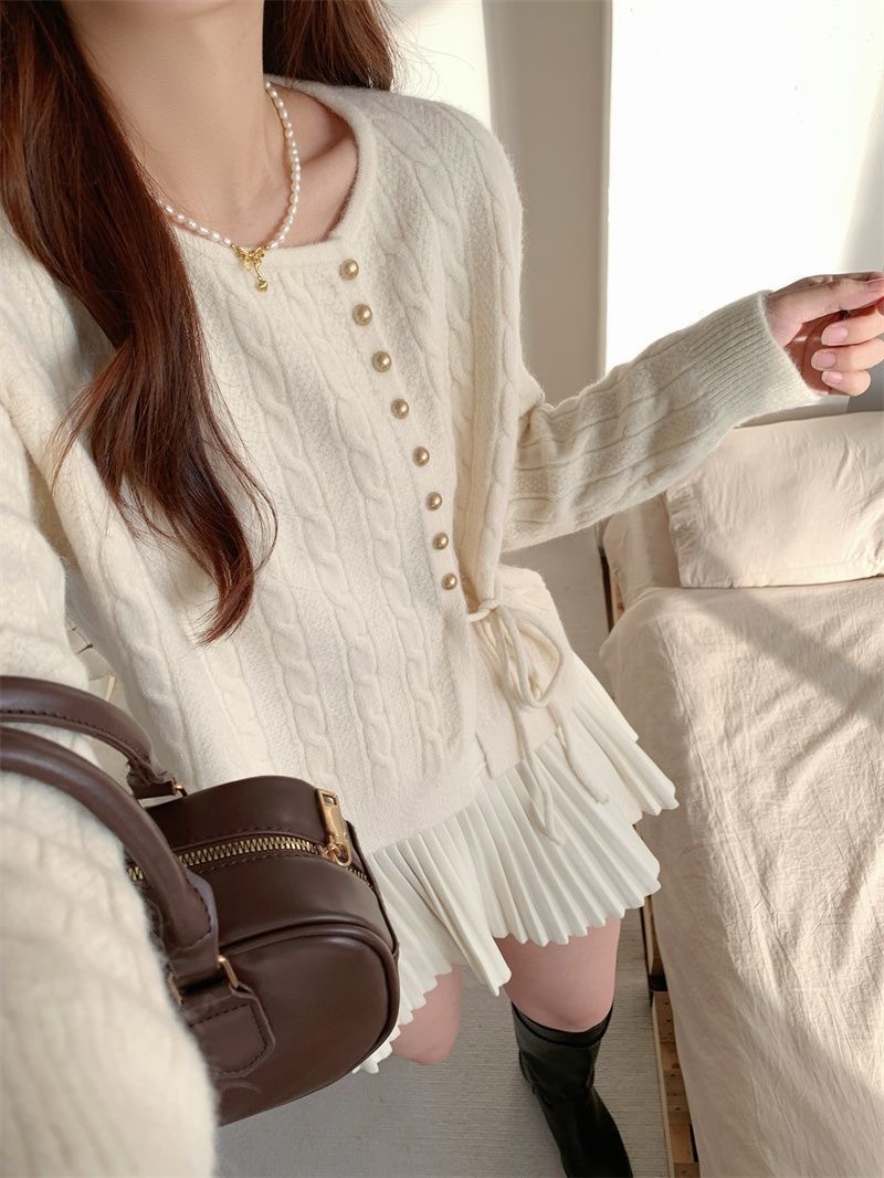 溫柔奶系藍色麻花|日系內搭針織上衣|開衫設計感|慵懶寬鬆毛衣女針織上衣