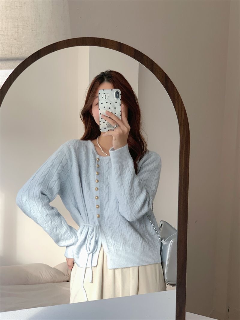 溫柔奶系藍色麻花|日系內搭針織上衣|開衫設計感|慵懶寬鬆毛衣女針織上衣