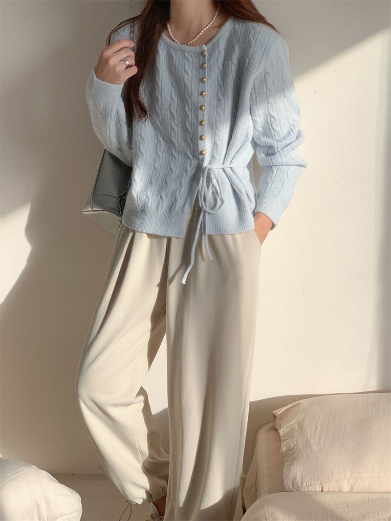 溫柔奶系藍色麻花|日系內搭針織上衣|開衫設計感|慵懶寬鬆毛衣女針織上衣
