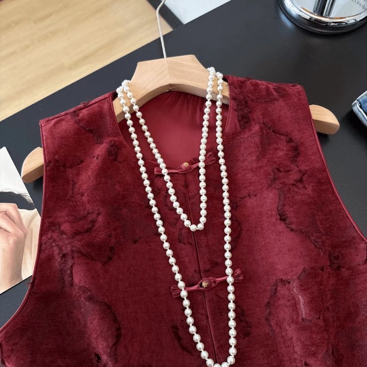 新春國風紅色提花馬甲|高級感駝拼接上衣|夾棉外穿下擺貴氣款|背心高級感新中式