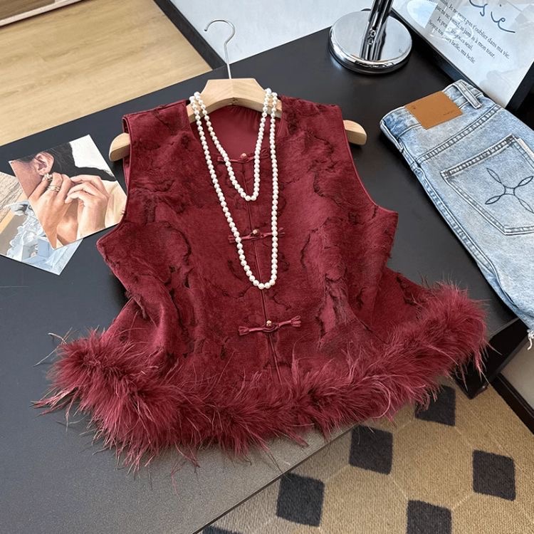 新春國風紅色提花馬甲|高級感駝拼接上衣|夾棉外穿下擺貴氣款|背心高級感新中式