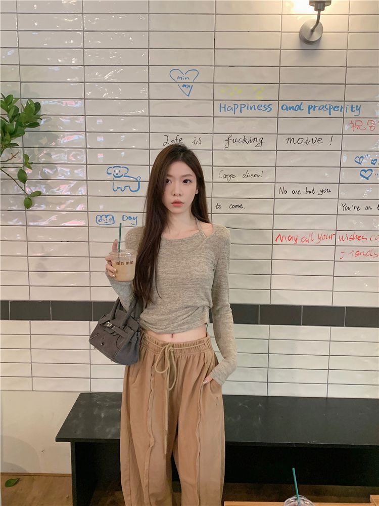 『湊單款-賣一虧一』假兩件掛脖長袖T|春季新款內搭打底|修身顯瘦短款辣妹上衣