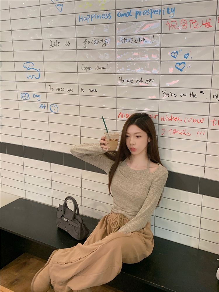 『湊單款-賣一虧一』假兩件掛脖長袖T|春季新款內搭打底|修身顯瘦短款辣妹上衣